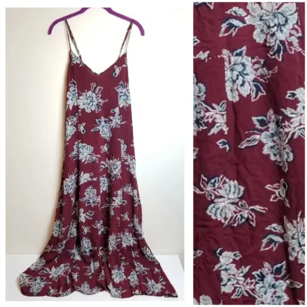 Abercrombie & Fitch Maroon White Floral Maxi Dress Spaghetti Strap